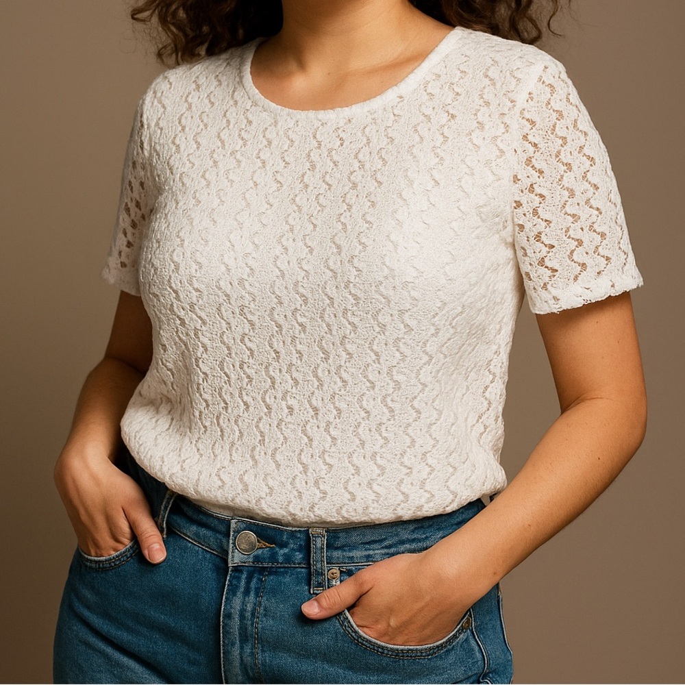 🇨🇦 Tan Jay White Open-Knit Lace Women's Top, size large